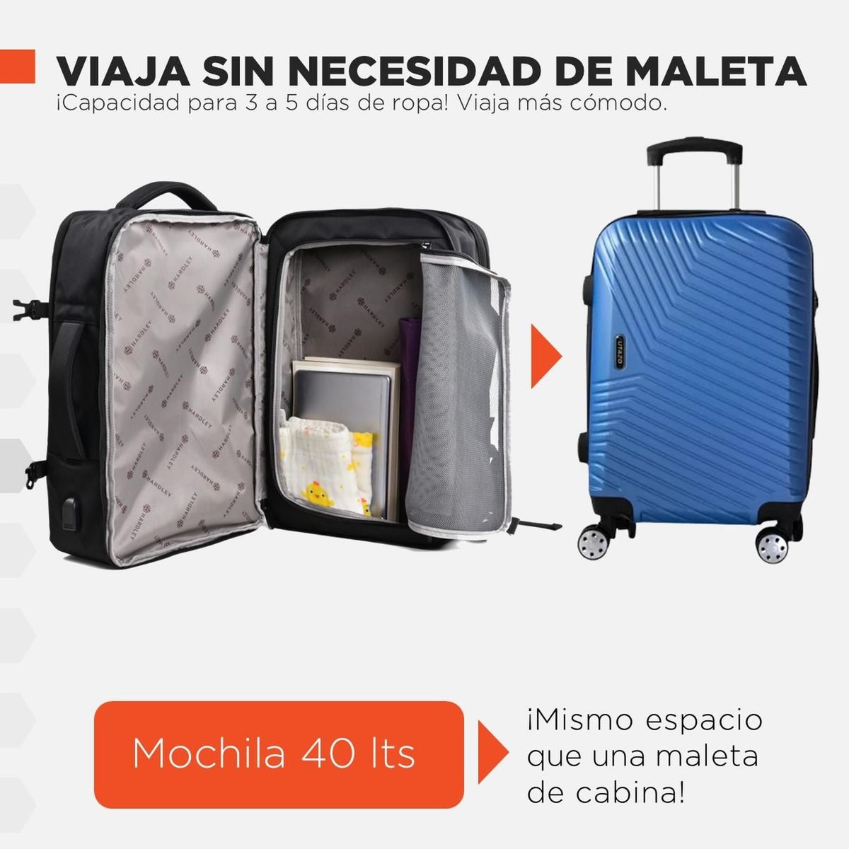 HARDLEY - Mochila para Viaje Notebook Hardley 40L Nylon Balistico +USB
