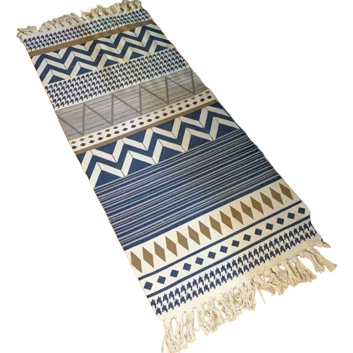 ARMONIA - Bajada de Cama Lino 60x130cm Étnico Azul y Beige 741