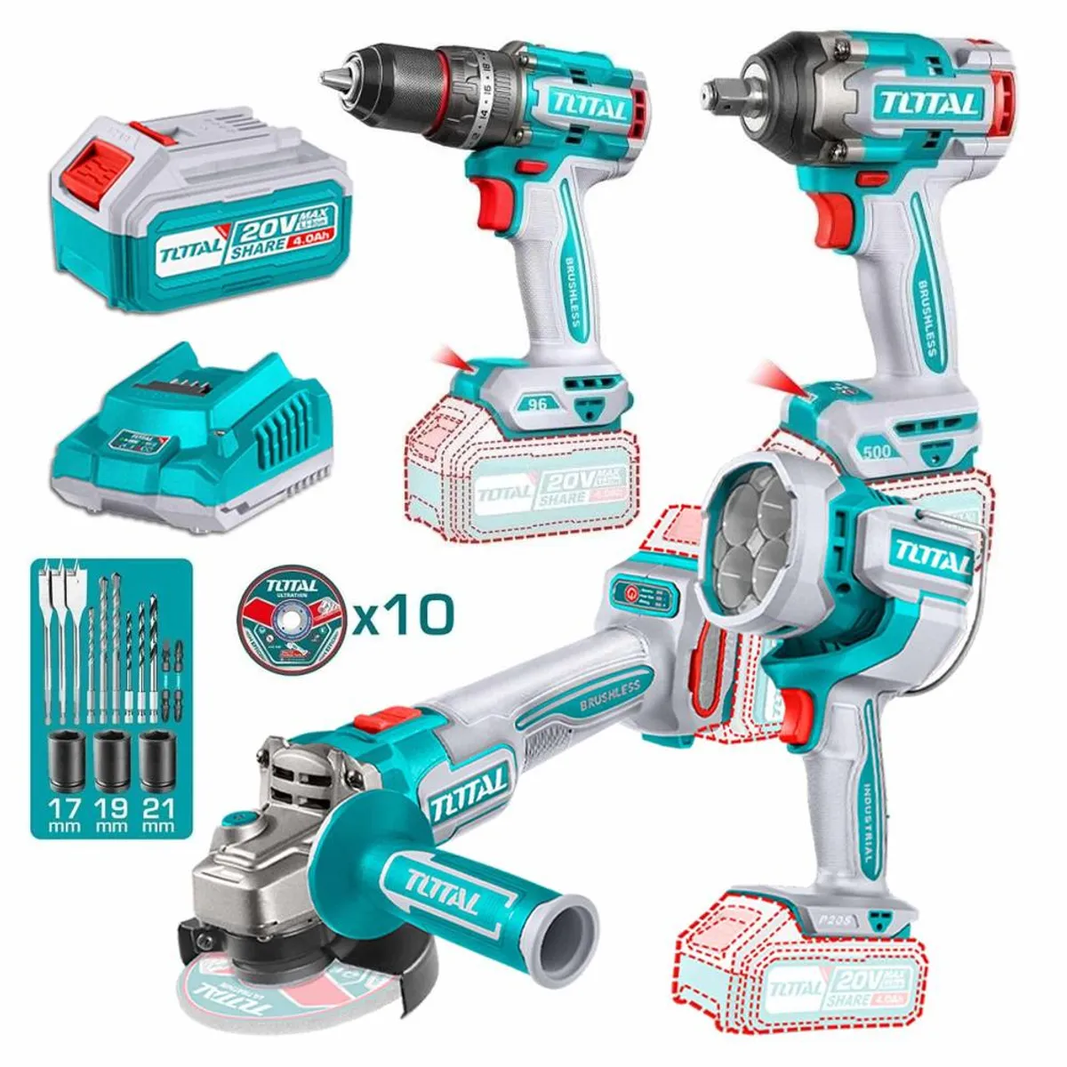 TOTAL TOOLS - kit 20v Total Tosli241292 Llave Imp +taladro +esmeril +foco