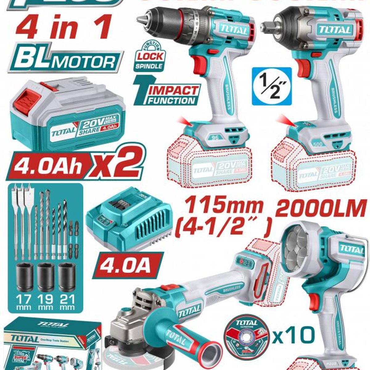 TOTAL TOOLS - kit 20v Total Tosli241292 Llave Imp +taladro +esmeril +foco