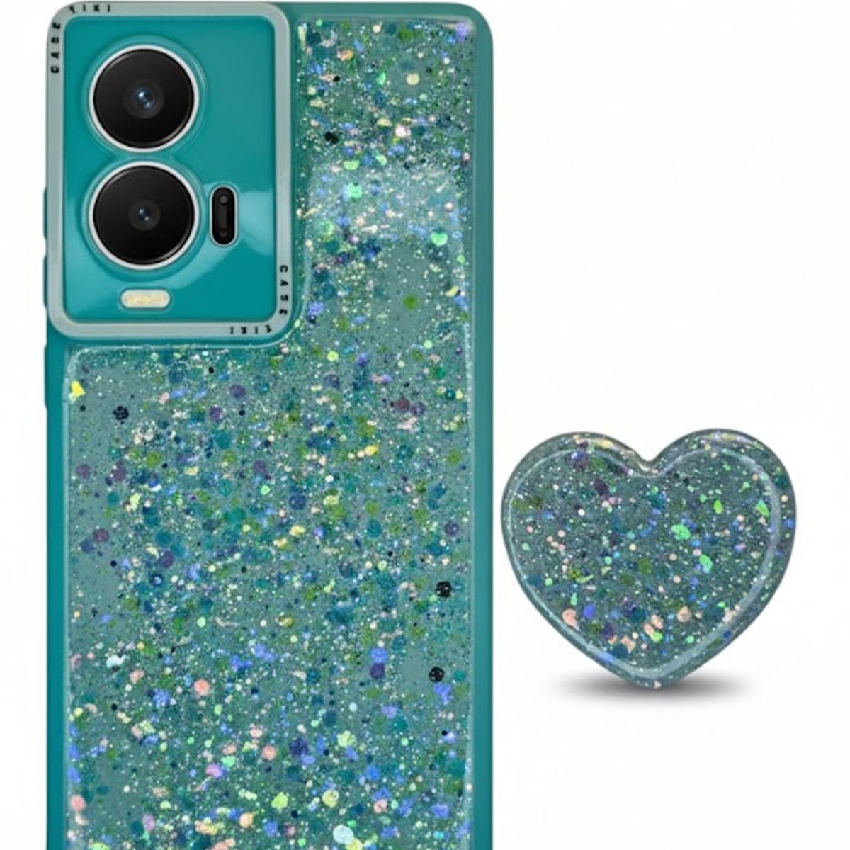 GENERICO - CARCASA PARA MOTOROLA EDGE 50 FUSION GLITTER BRILLO TURQUESA CON POP SOCKET