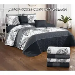 GENERICO - Cobertor tipo Quilt de Verano con Juego de Sabanas King - Diseño Gris Hojas