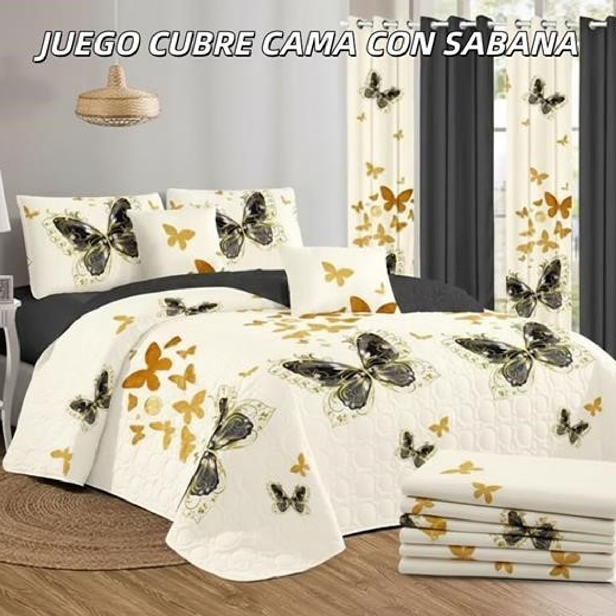 GENERICO - Cobertor tipo Quilt de Verano con Juego de Sabanas King - Color Crema con Mariposas