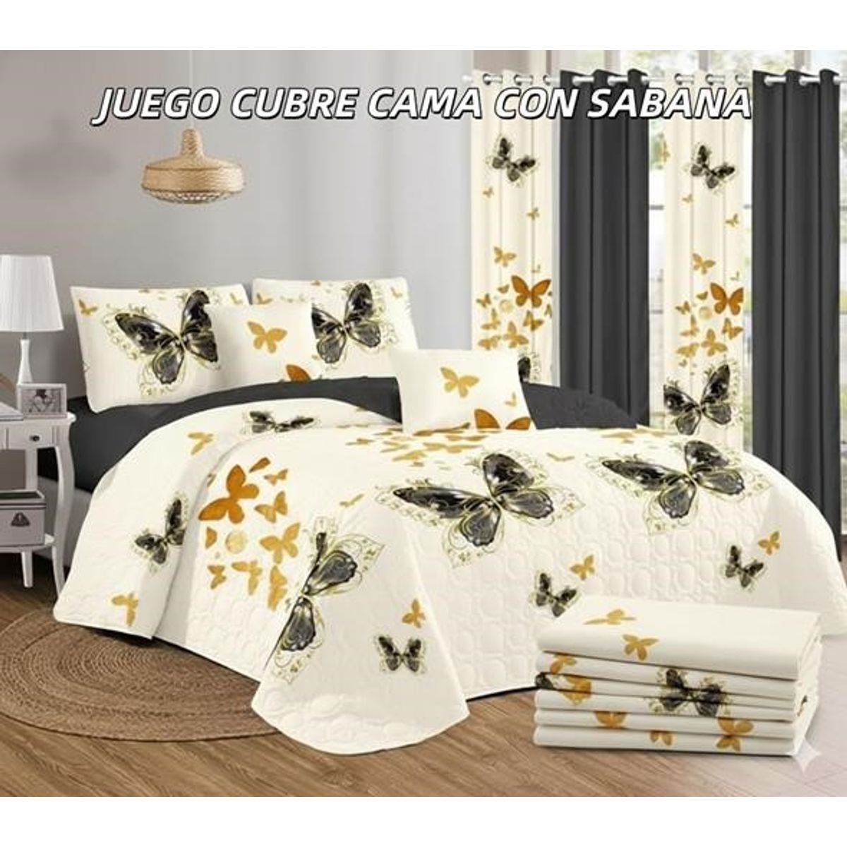 GENERICO - Cobertor tipo Quilt de Verano con Juego de Sabanas King - Color Crema con Mariposas
