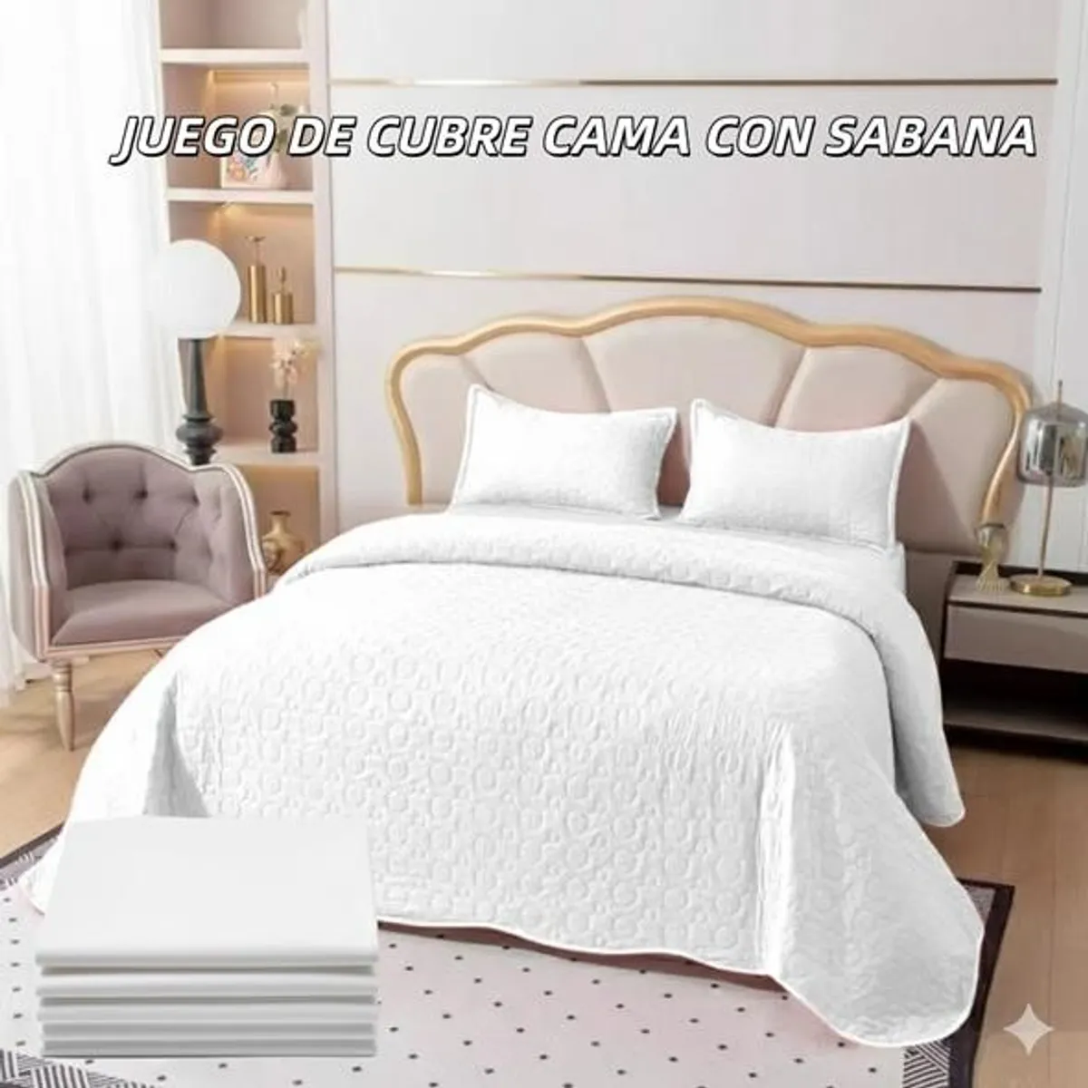 GENERICO - Cobertor tipo Quilt de Verano con Juego de Sabanas King - Color Blanco