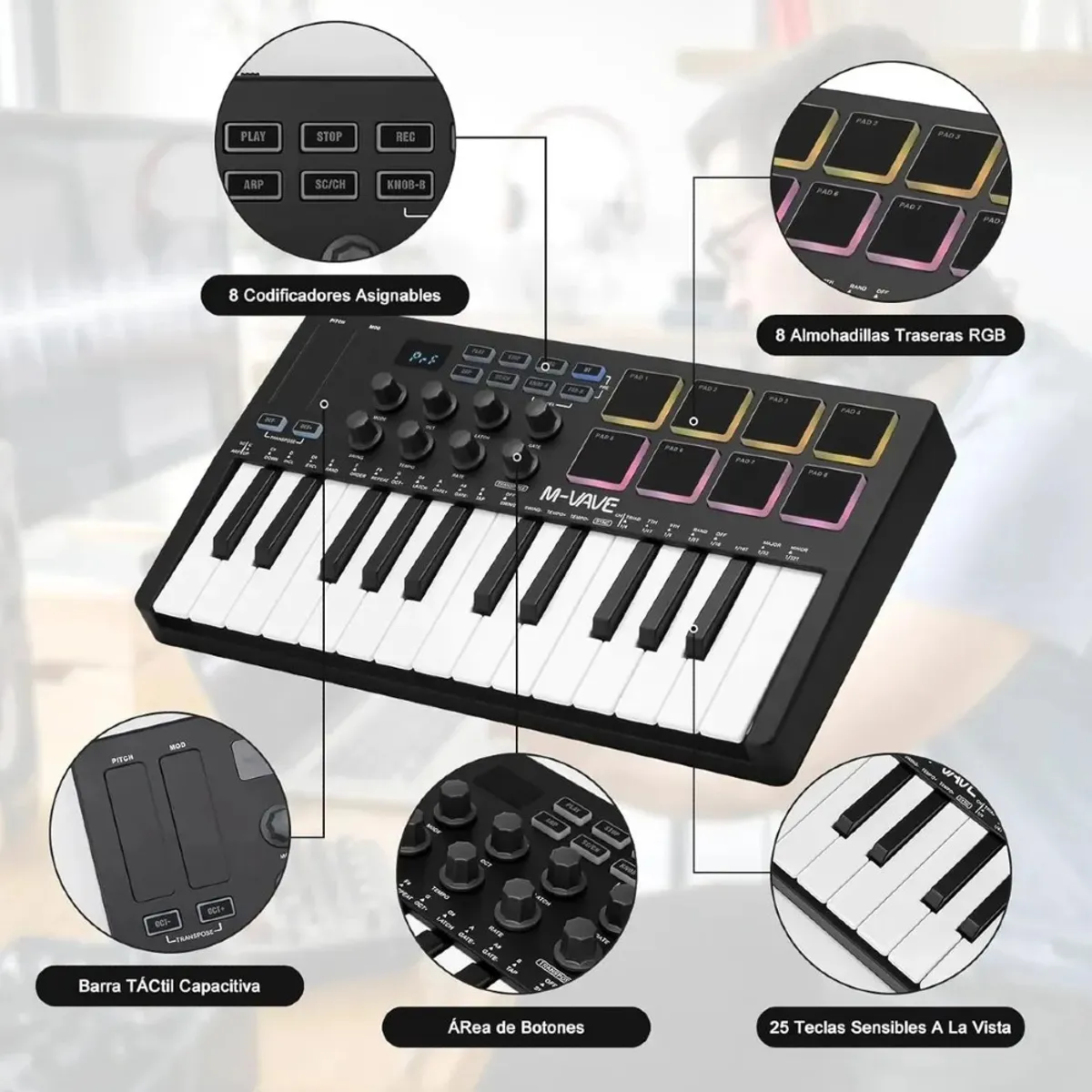 MUNDO MAGIA - Teclado Controlador Midi De 25 Teclas Usb Portátil Negro