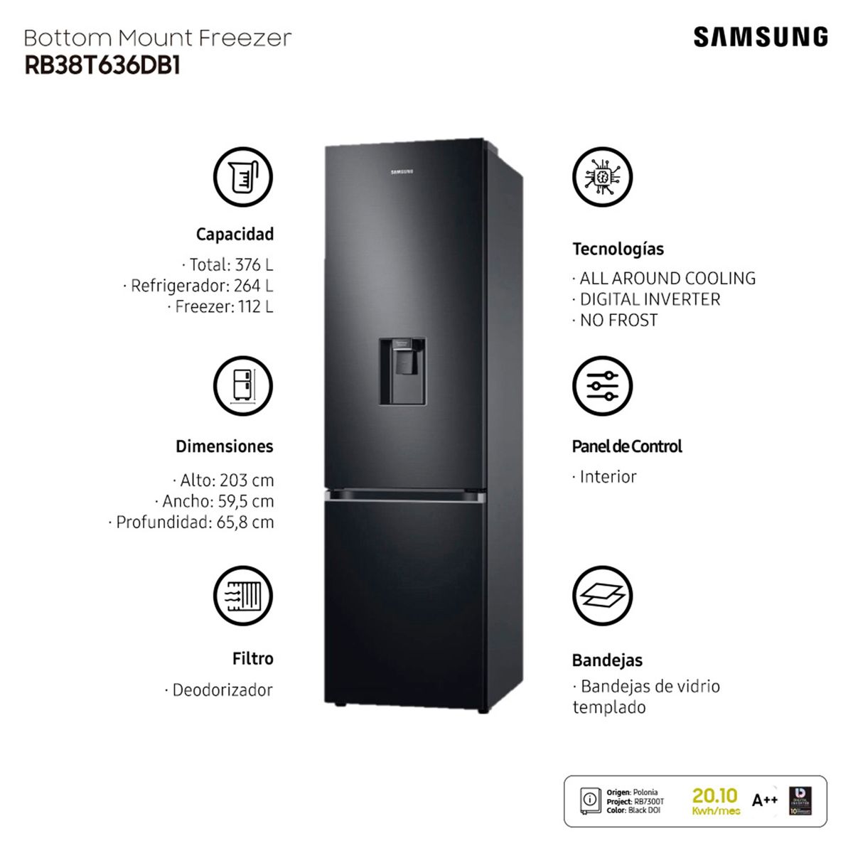 SAMSUNG - Refrigerador Bottom Freezer 376 lt RB38T636DB1/ZS Samsung