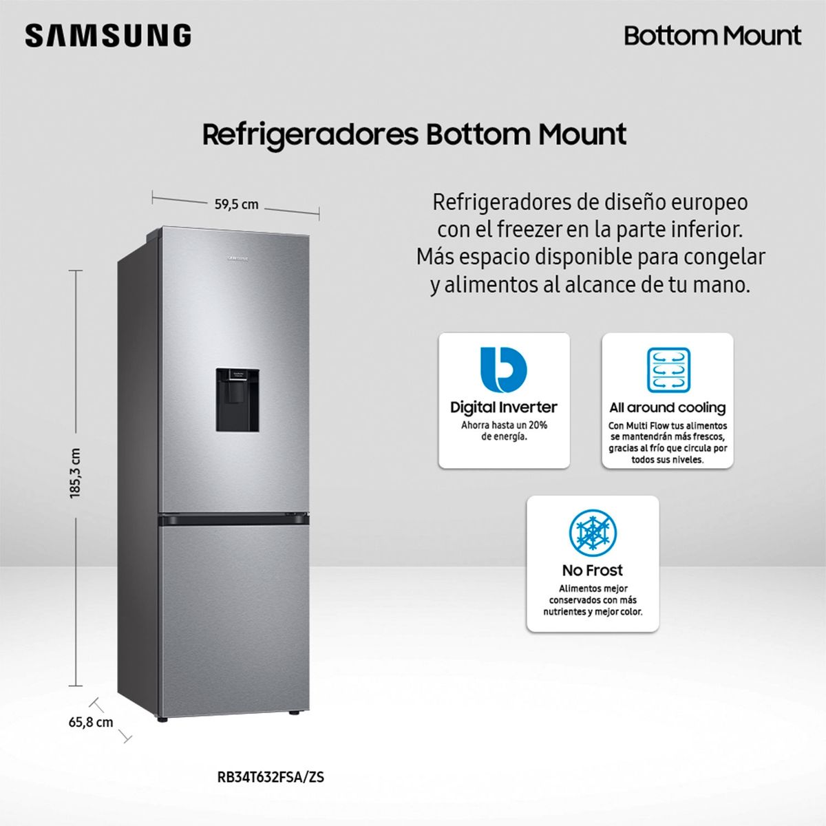 SAMSUNG - Refrigerador 331 lt Bottom Freezer No Frost RB34T632FSA/ZS Samsung