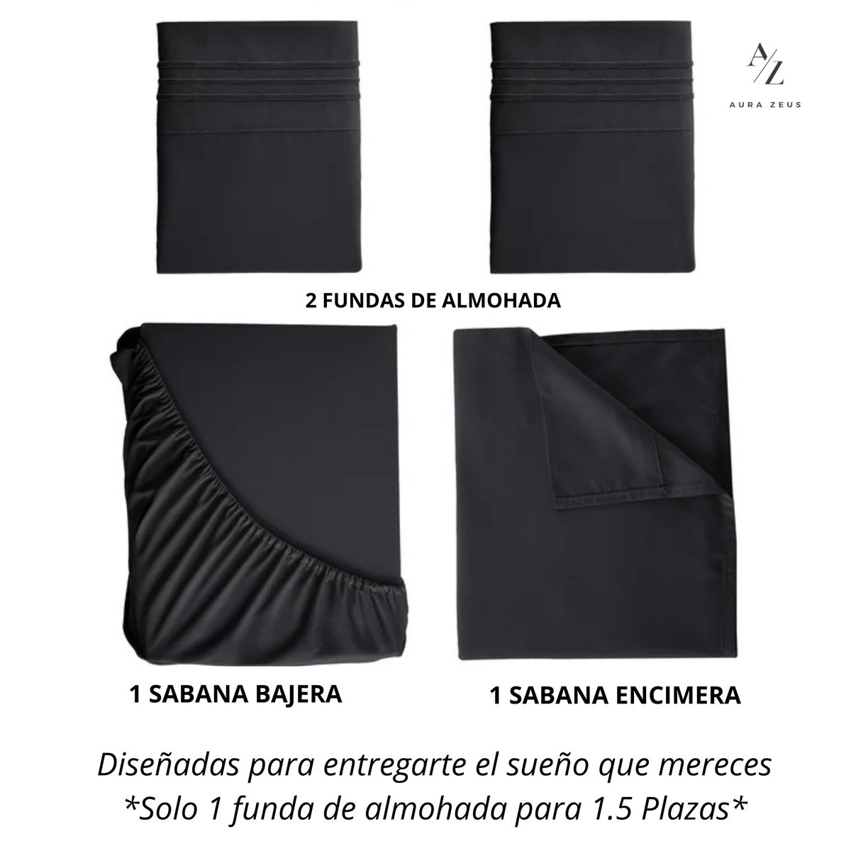 AZ AURAZEUS - Juego De Sabanas + Fundas De Almohada Negro 2 Plazas Hilos Suave Aura Zeus
