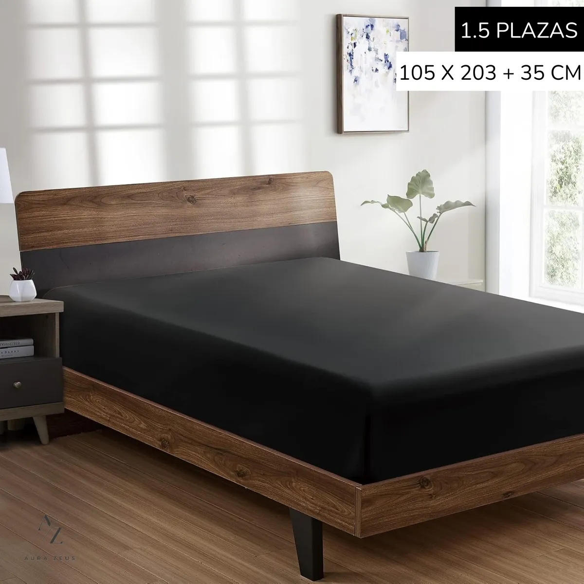 AZ AURAZEUS - Sabanas Bajera 1,5 Plazas Negra Hogar Ultra Suave Hilos Aura Zeus