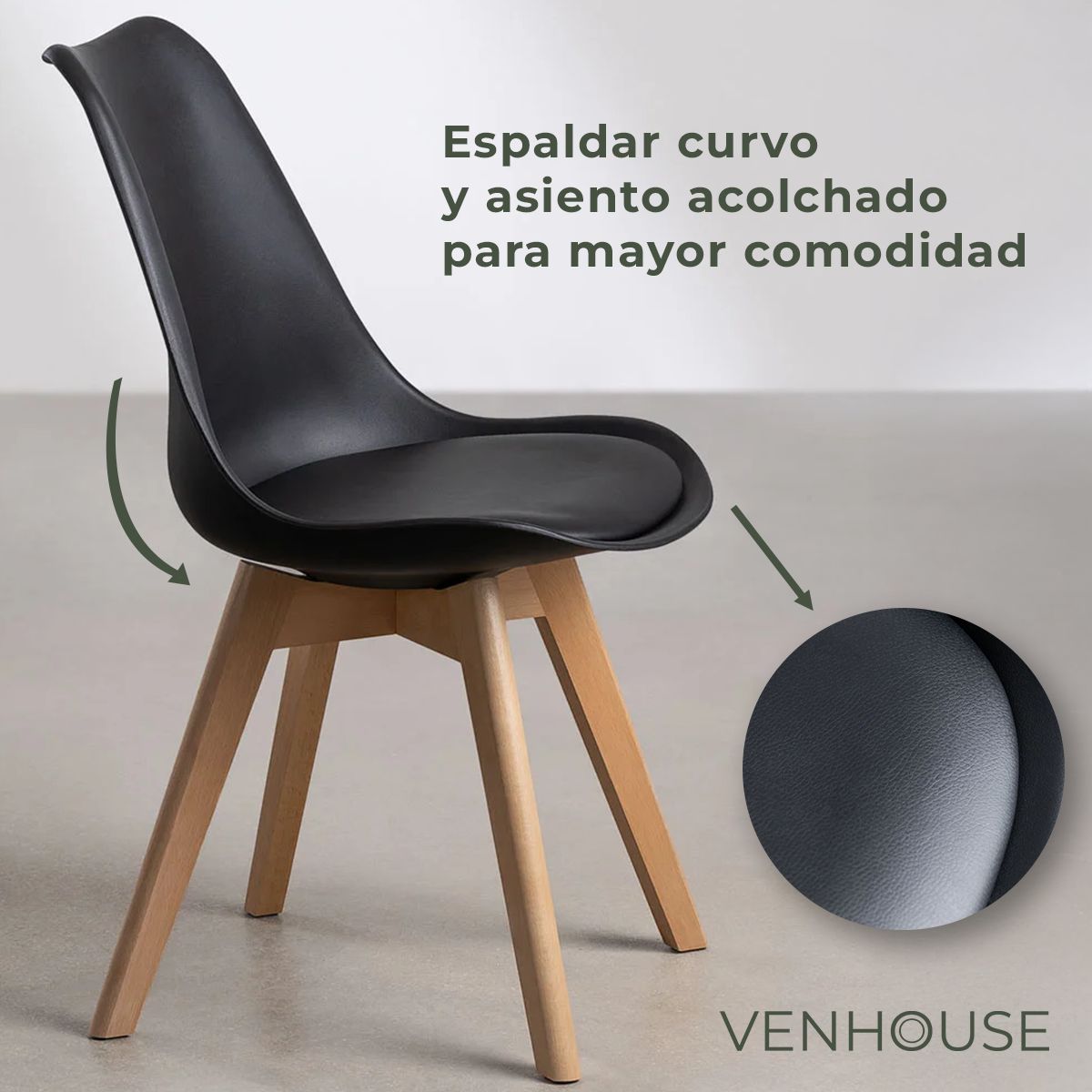 VENHOOUSE - Pack 2 Sillas Tulip Acolchadas Negra