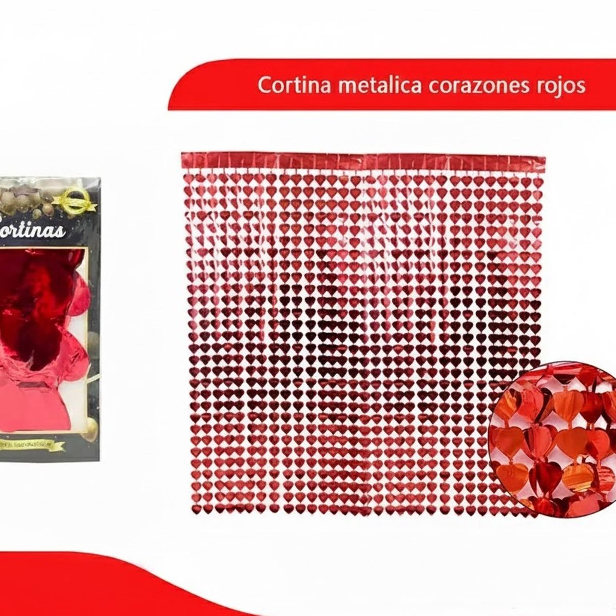 GENERICO - Cortina Metalica Roja Corazones 100x200cm