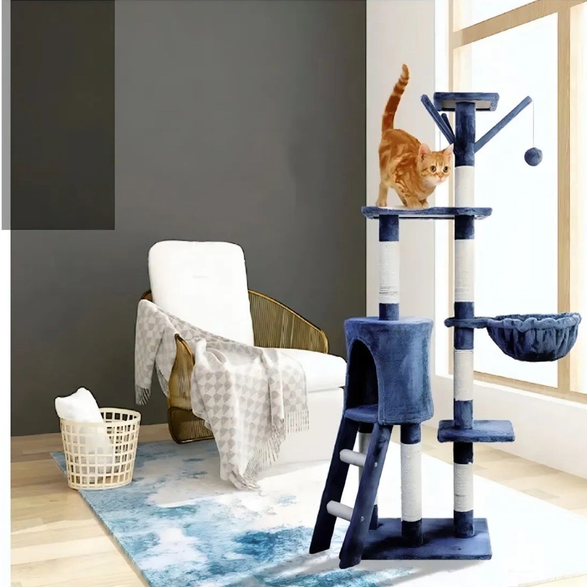 GENERICO - Torre Arbol Rascador Gatos Terciopelo Con Casa Y Cuna Color Azul Oscuro BELUG