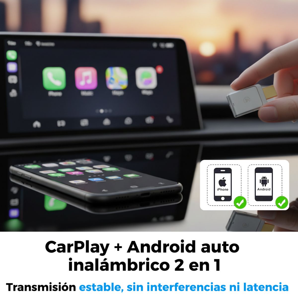 GENERICO - Adaptador Inalambrico Carplay Android Auto Bluetooth 2 En 1
