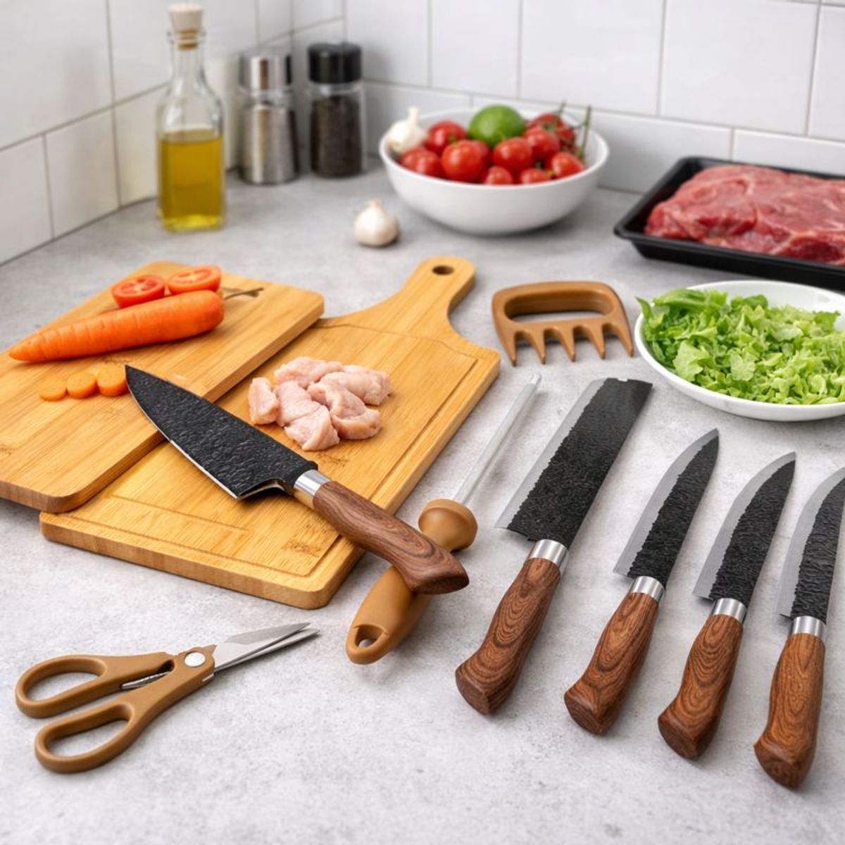 GENERICO - Pack Cocina Tabla Cortar Set Cuchillos 8 Piezas Uso Pro Casa