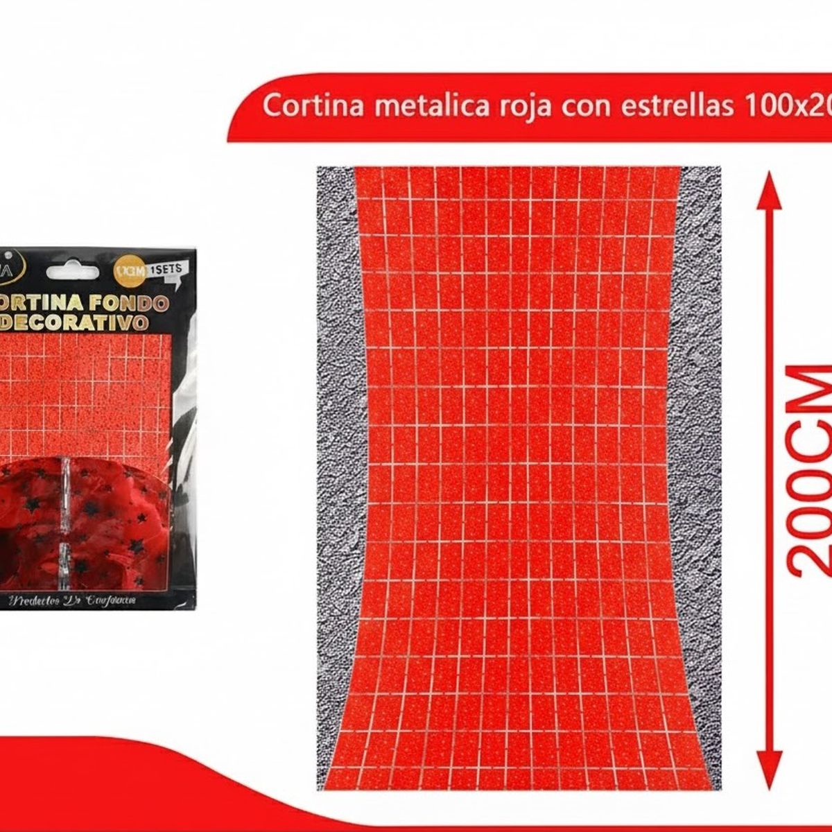 GENERICO - Cortina Metalica Roja Con Estrellas 100x200cm