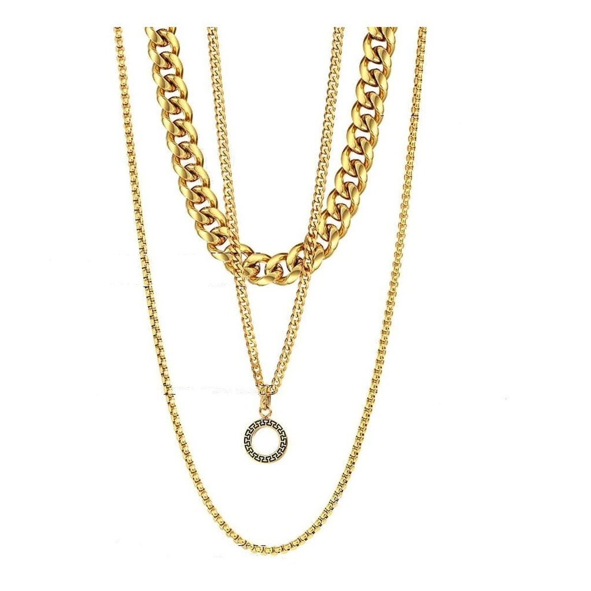 GENERICO - Collar Triple Con Dige Gold Acero Quirúrgico Hombre