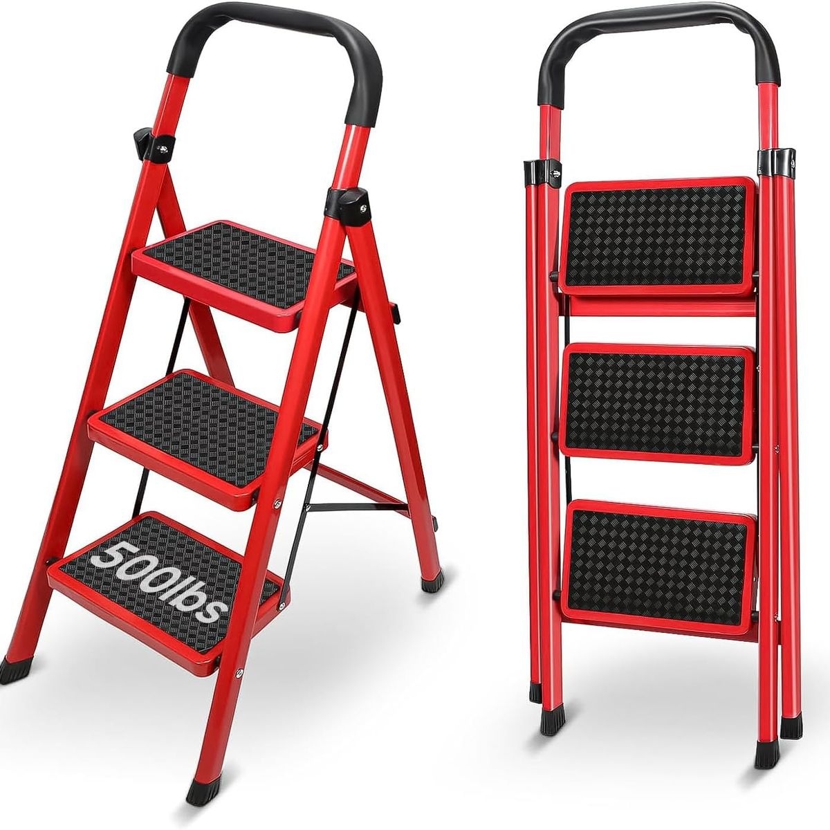 GENERICO - Escalera 3 Peldaños Plegable Acero Inox Portátil rojo