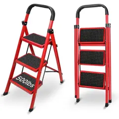 GENERICO - Escalera 3 Peldaños Plegable Acero Inox Portátil rojo