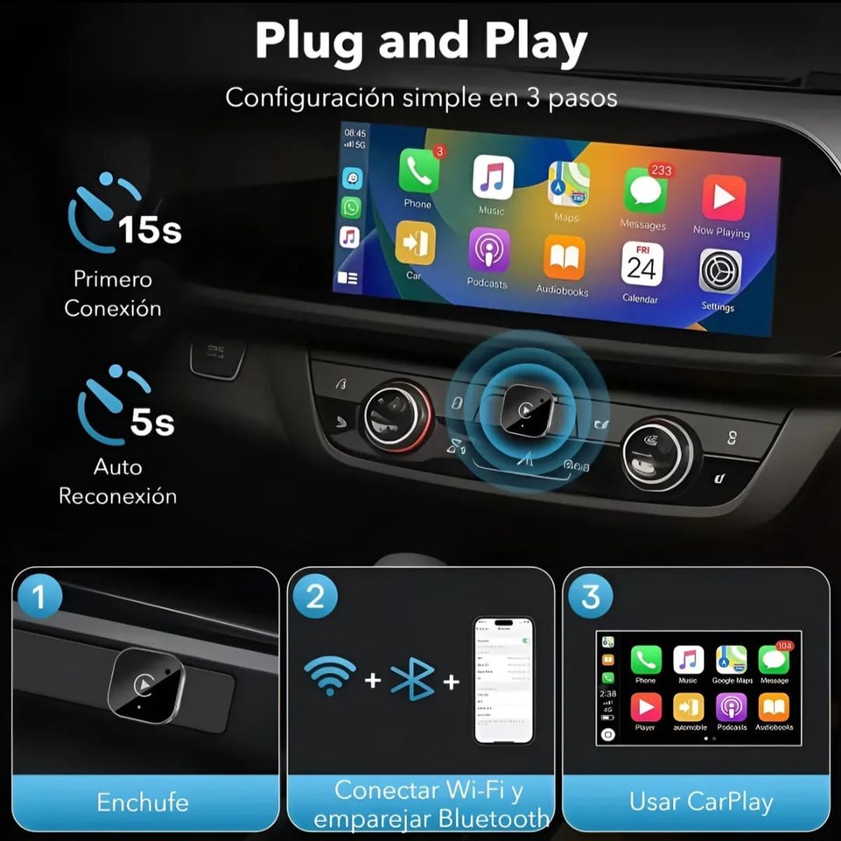 GENERICO - Adaptador Carplay Android Auto Inalambrico / 2 en 1