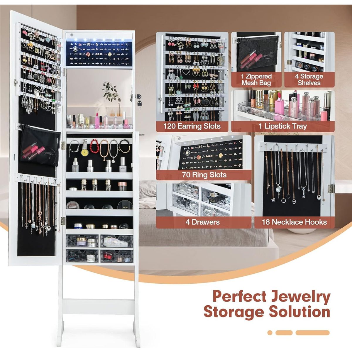 ANYHOGAR - Espejo Blanco Para Guardar Joyas Con Soporte