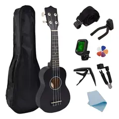 MUNDO MAGIA - Ukelele Soprano Concierto Music 21 Pulgadas + Funda + Accesorios Negro
