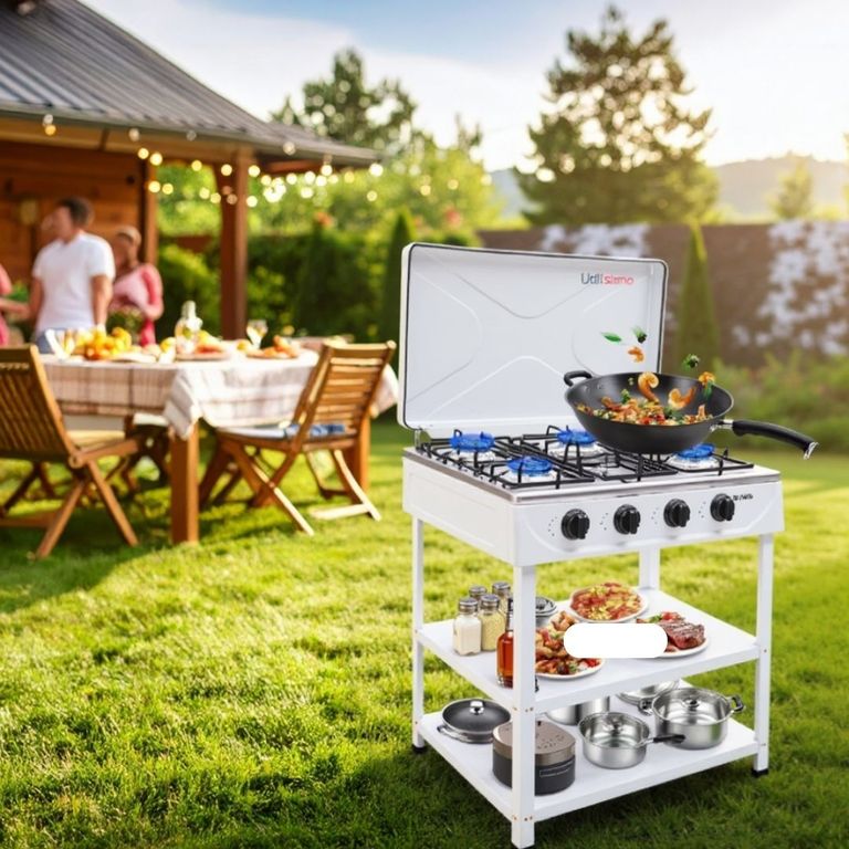 Cocina Encimera a Gas Licuado 5 Platos con Mesa Cocinilla Blanco