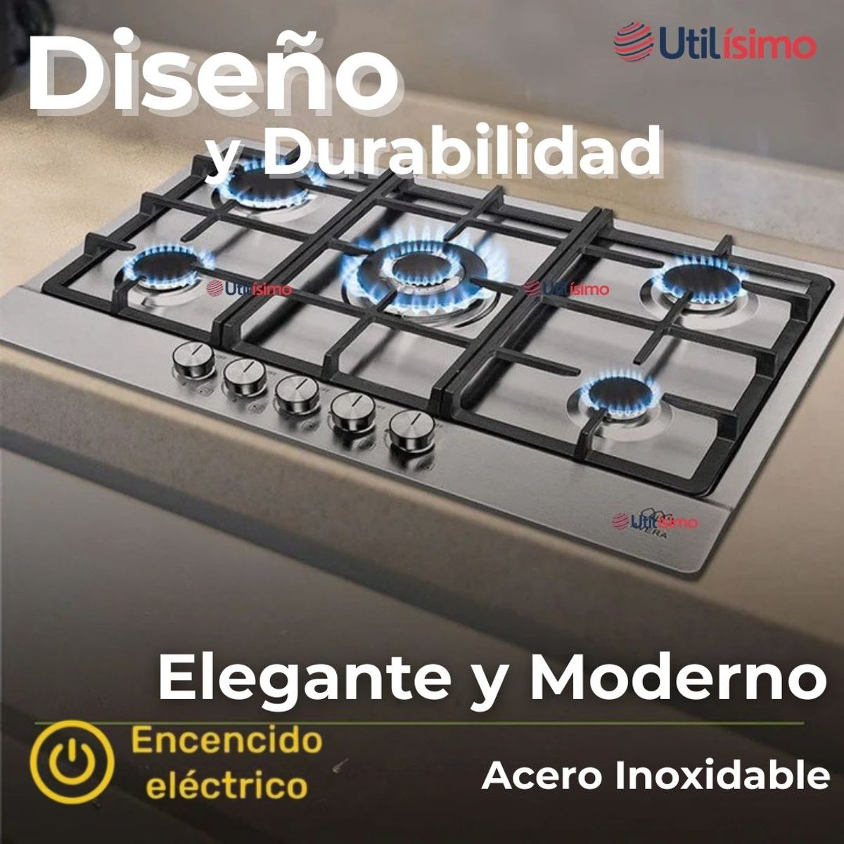 LINE - Encimera Gas Licuado 5 Platos Acero Inoxidable con Chispero