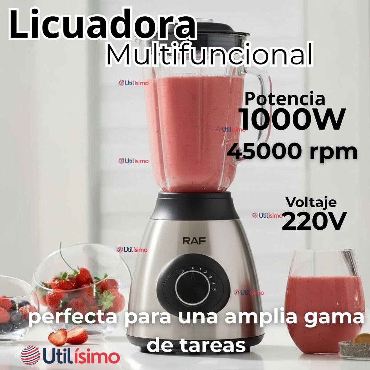 RAF - Licuadora Juguera Multifuncional 2 en 1 Picadora Jarra de Vidrio 1000W