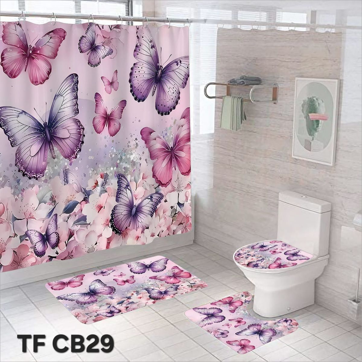 GENERICO - CORTINA DE BAÑO CON 3 ALFOMBRAS CON HERMOSOS DISEÑOS