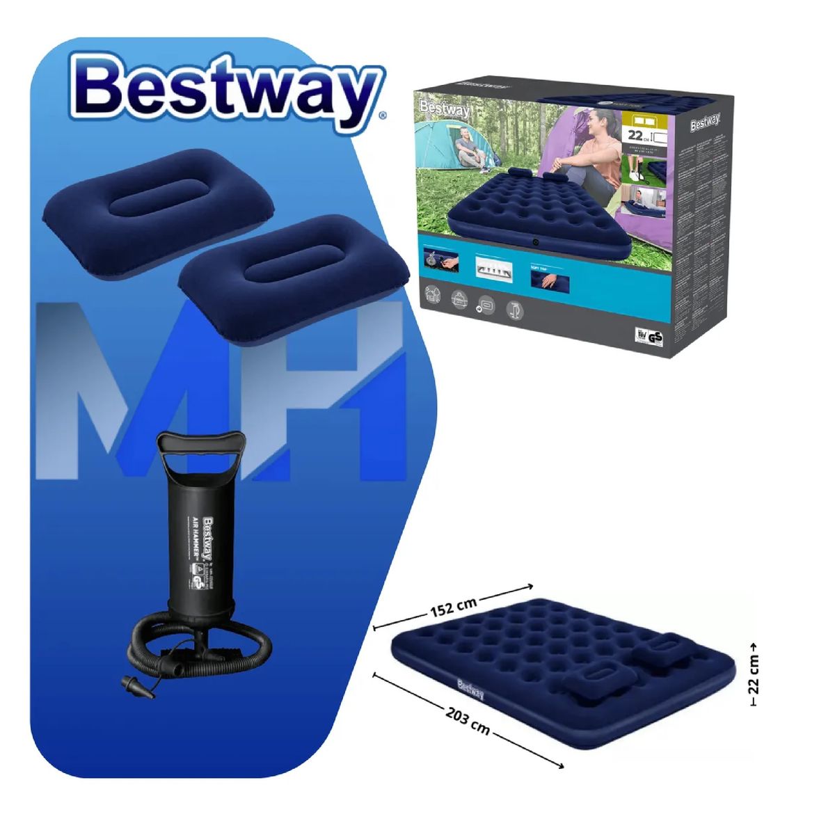 BESTWAY - Colchon Inflable 2 Plazas Bestway + 2 Almohadas + Inflador