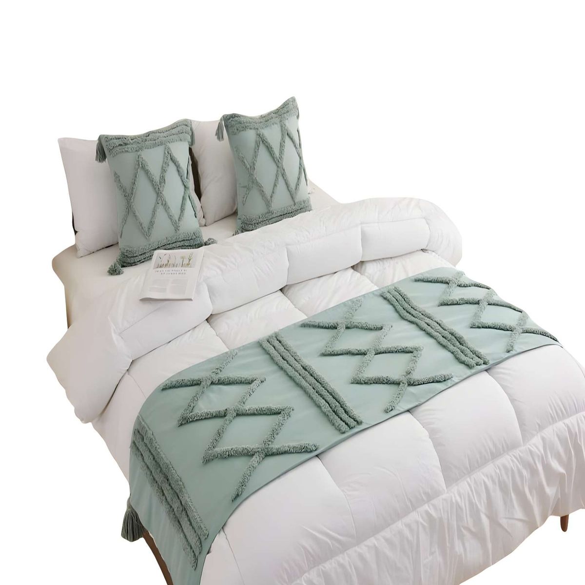 GENERICO - SET DE PIECERA BORDADA CON DOS FUNDAS MODELO BOHO VERDE