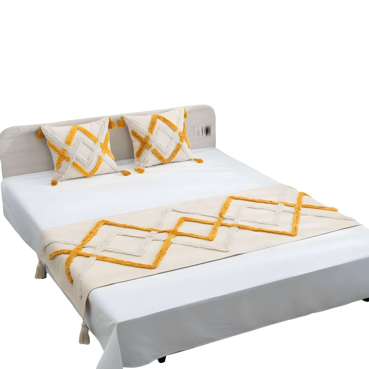 GENERICO - SET DE PIECERA BORDADA CON DOS FUNDAS MODELO BOHO BEIGE 10