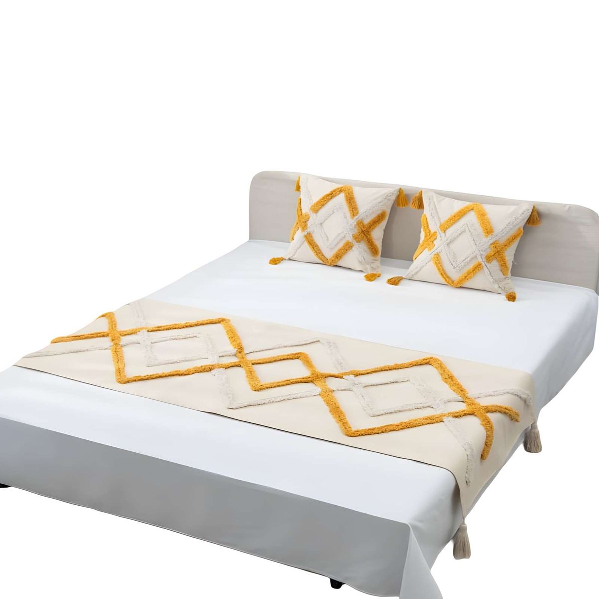 GENERICO - SET DE PIECERA BORDADA CON DOS FUNDAS MODELO BOHO BEIGE 10