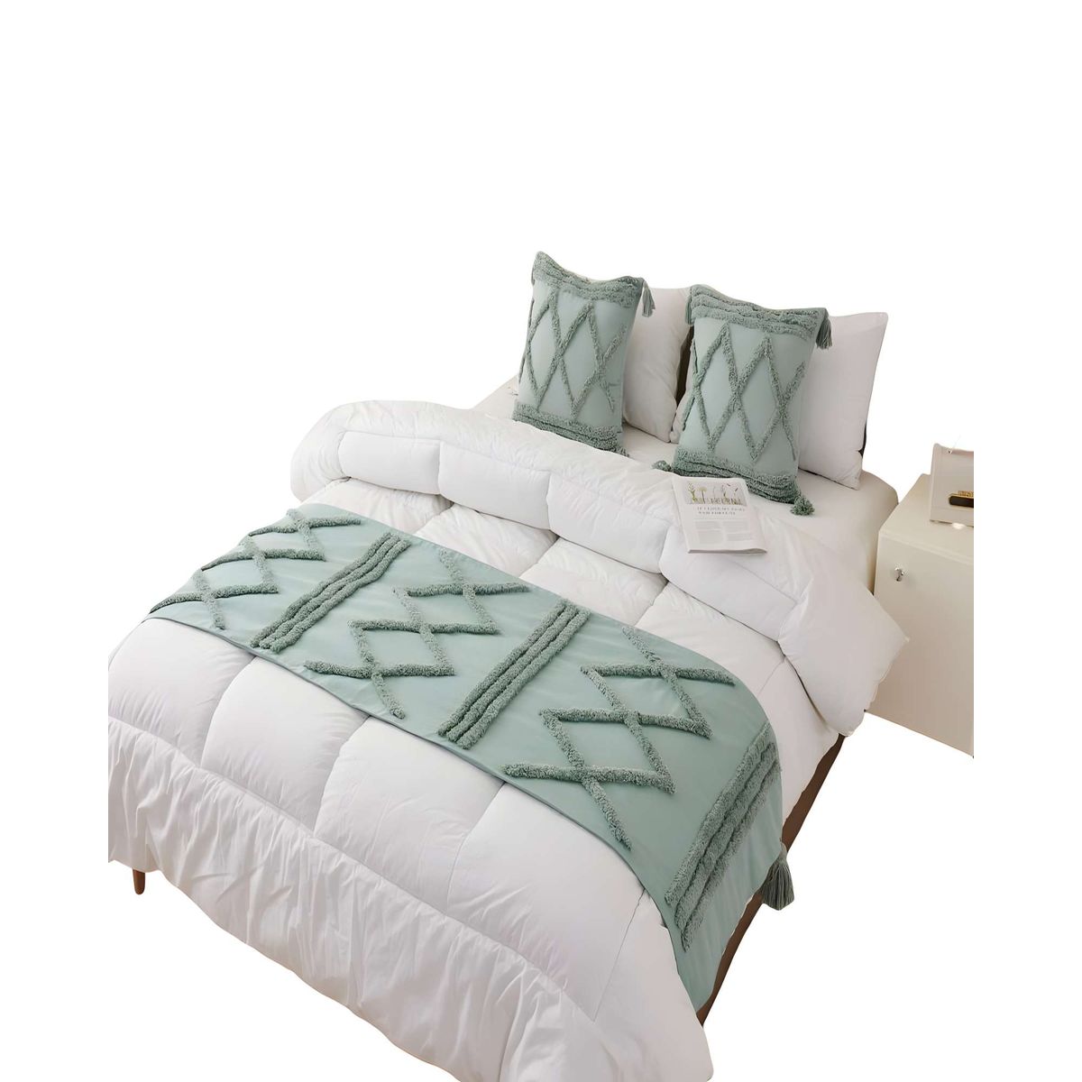 GENERICO - PACK DE PIECERA BORDADA CON DOS FUNDAS MODELO BOHO VERDE