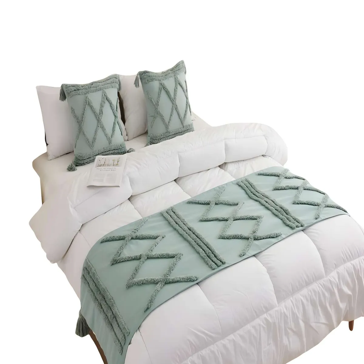 GENERICO - PACK DE PIECERA BORDADA CON DOS FUNDAS MODELO BOHO VERDE