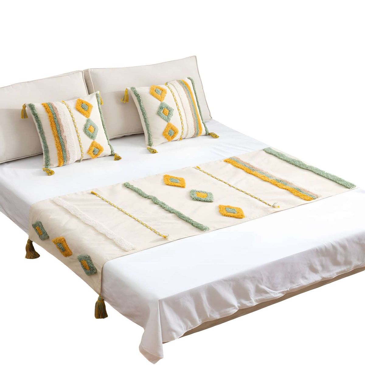 GENERICO - PACK DE PIECERA BORDADA CON DOS FUNDAS MODELO BOHO BEIGE 03
