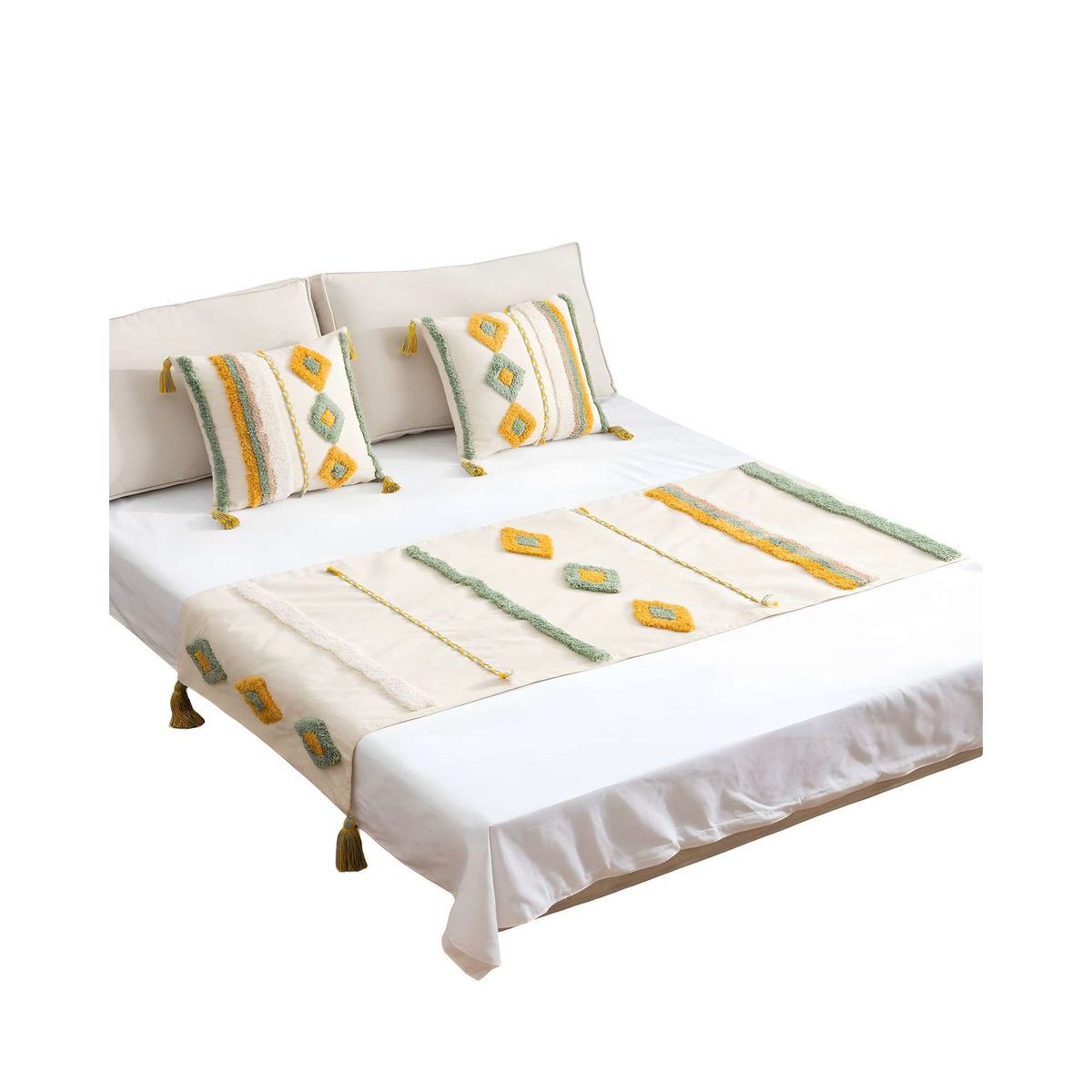 GENERICO - PACK DE PIECERA BORDADA CON DOS FUNDAS MODELO BOHO BEIGE 03