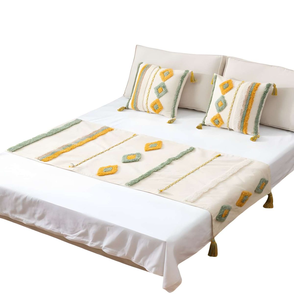 GENERICO - PACK DE PIECERA BORDADA CON DOS FUNDAS MODELO BOHO BEIGE 03
