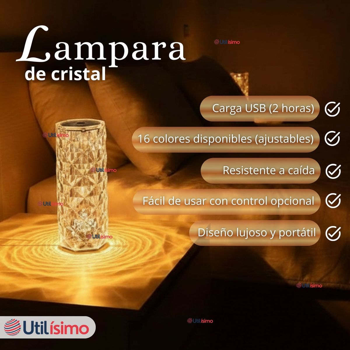 UTILISIMO - Lámpara Cristal Táctil USB Transparente Para Mesa