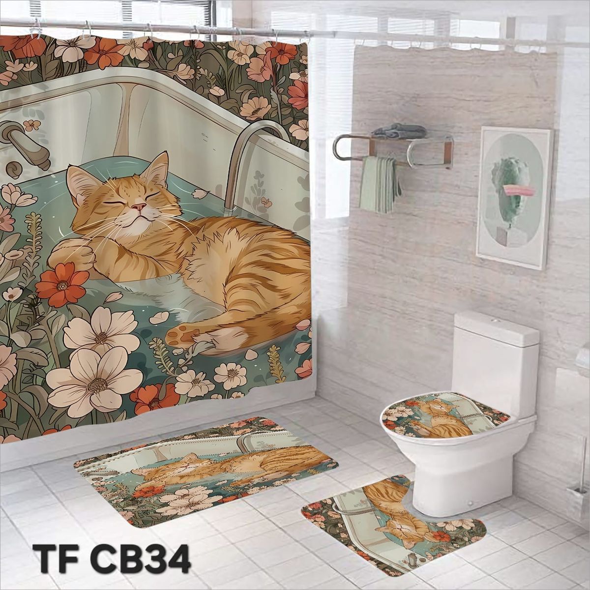 GENERICO - CORTINA DE BAÑO CON 3 ALFOMBRAS CON HERMOSOS DISEÑOS