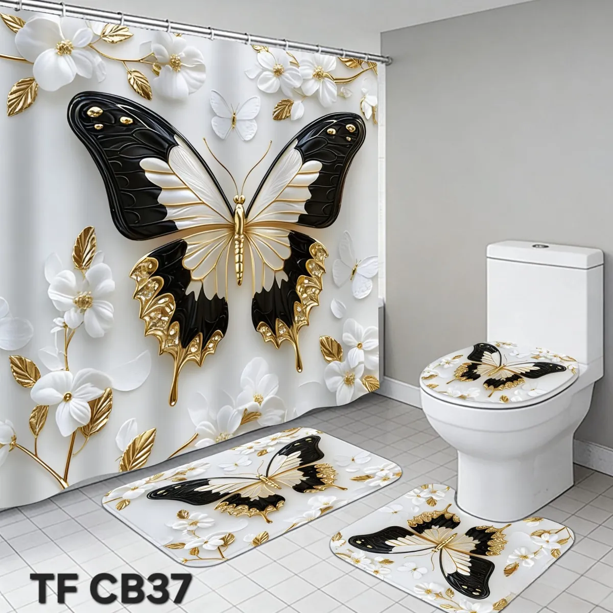 GENERICO - CORTINA DE BAÑO CON 3 ALFOMBRAS CON HERMOSOS DISEÑOS