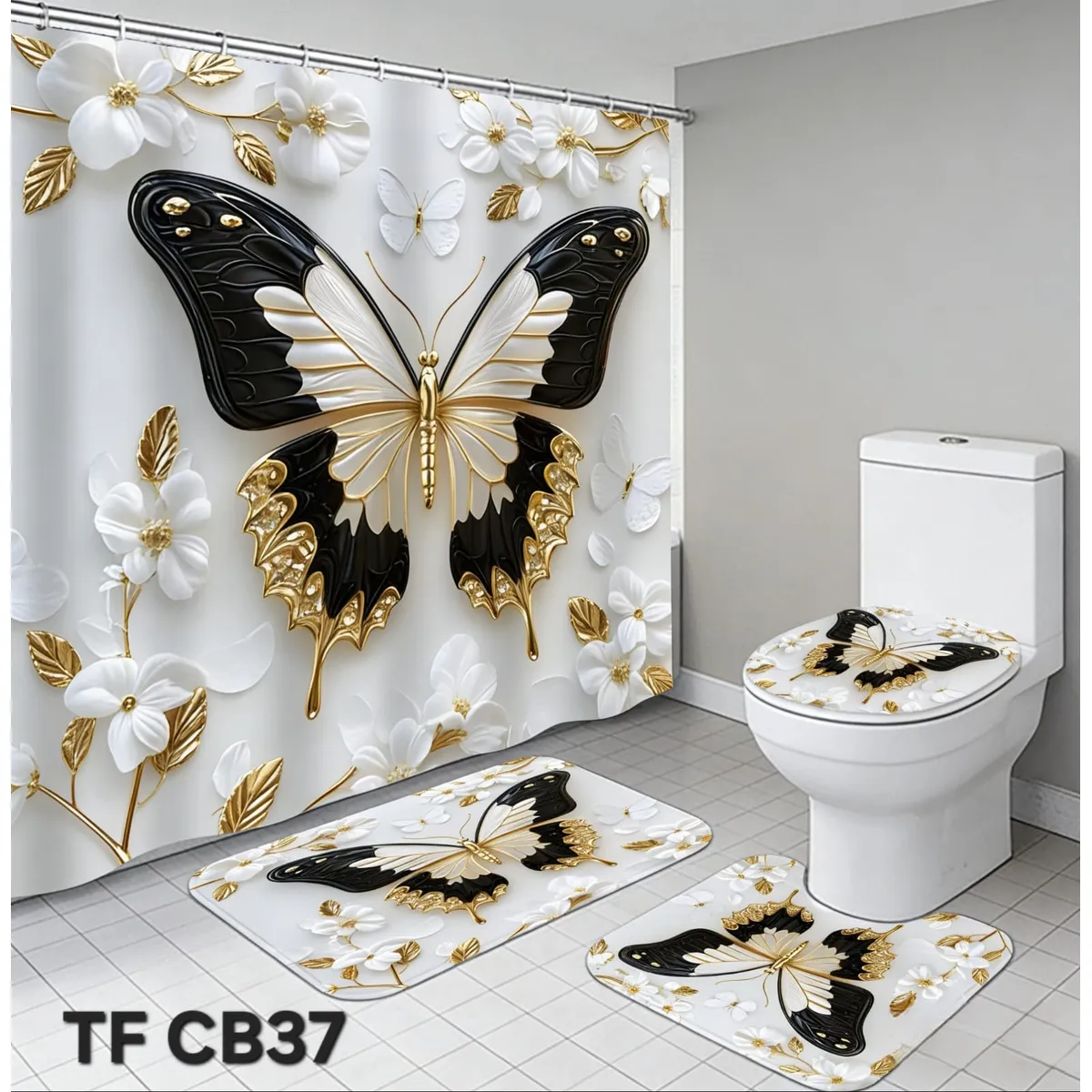 GENERICO - CORTINA DE BAÑO CON 3 ALFOMBRAS CON HERMOSOS DISEÑOS