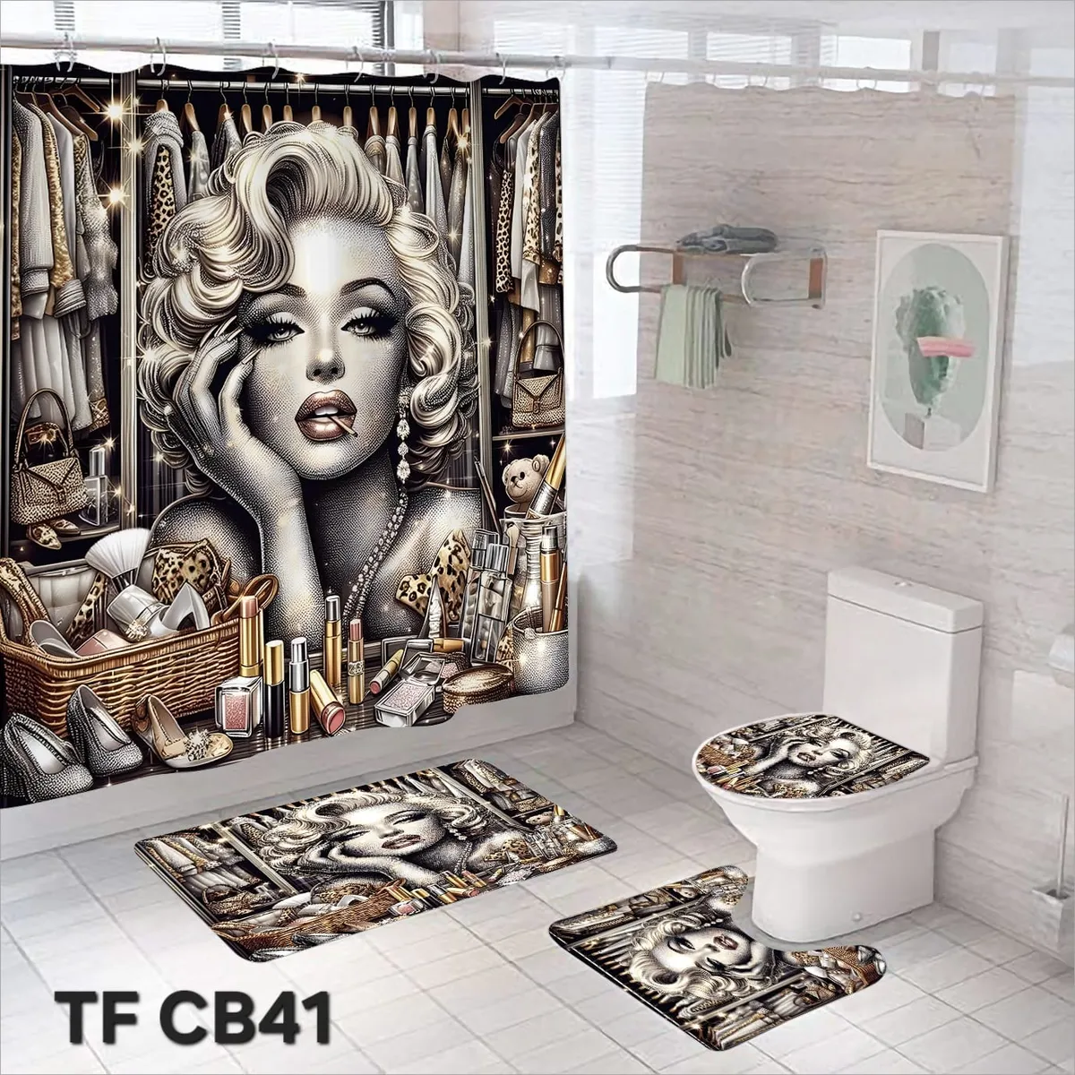 GENERICO - CORTINA DE BAÑO CON 3 ALFOMBRAS CON HERMOSOS DISEÑOS