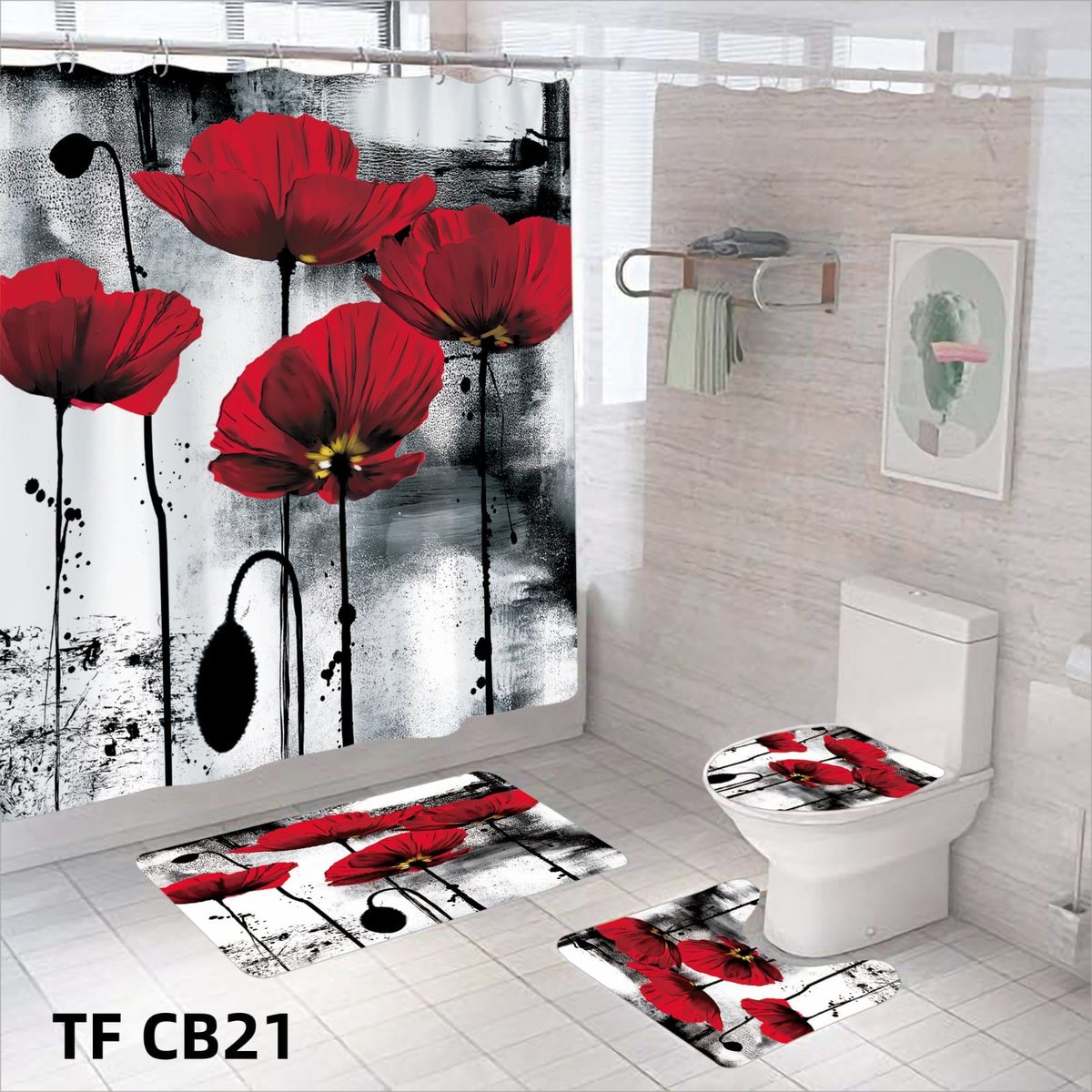 GENERICO - CORTINA DE BAÑO CON 3 ALFOMBRAS CON HERMOSOS DISEÑOS