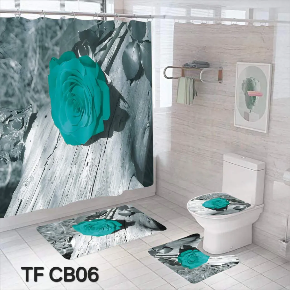 GENERICO - CORTINA DE BAÑO CON 3 ALFOMBRAS CON HERMOSOS DISEÑOS