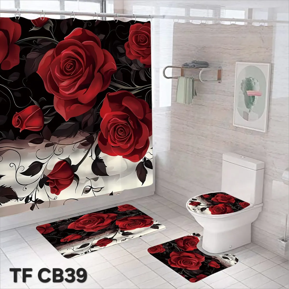 GENERICO - CORTINA DE BAÑO CON 3 ALFOMBRAS CON HERMOSOS DISEÑOS