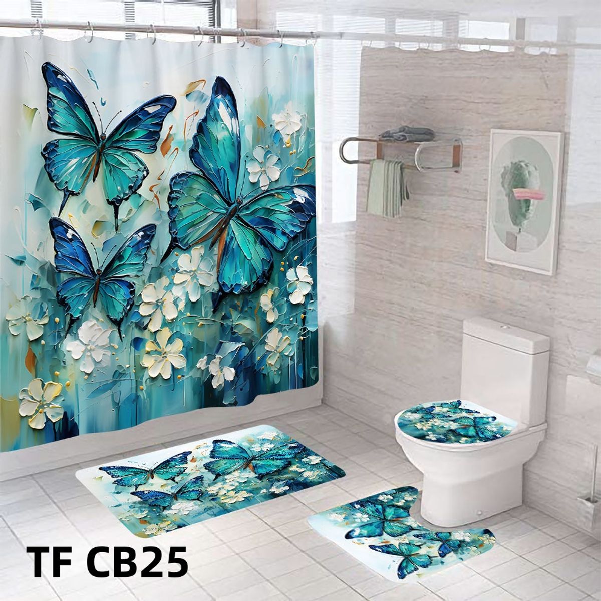 GENERICO - CORTINA DE BAÑO CON 3 ALFOMBRAS CON HERMOSOS DISEÑOS