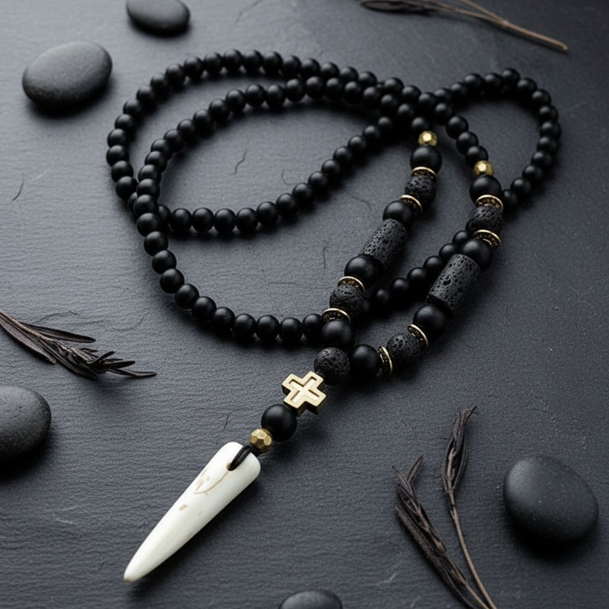 GENERICO - Collar Piedra Onix Volcanica Diente Hombre Mujer Moda 2020