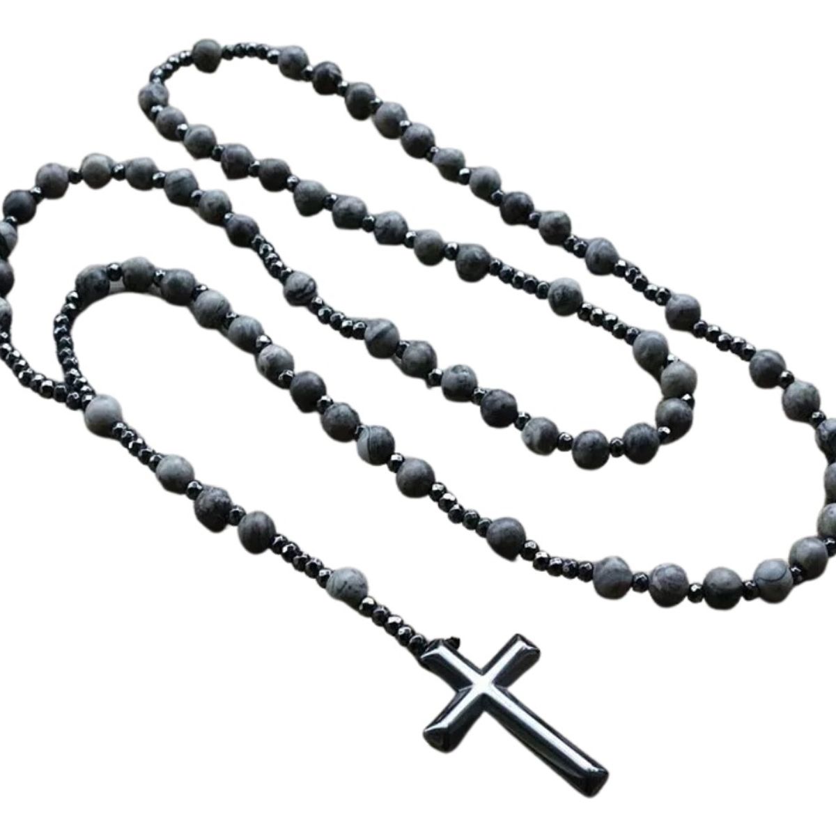 GENERICO - Collar De Cruz Caballero Piedra Gris Y Hematita 2021
